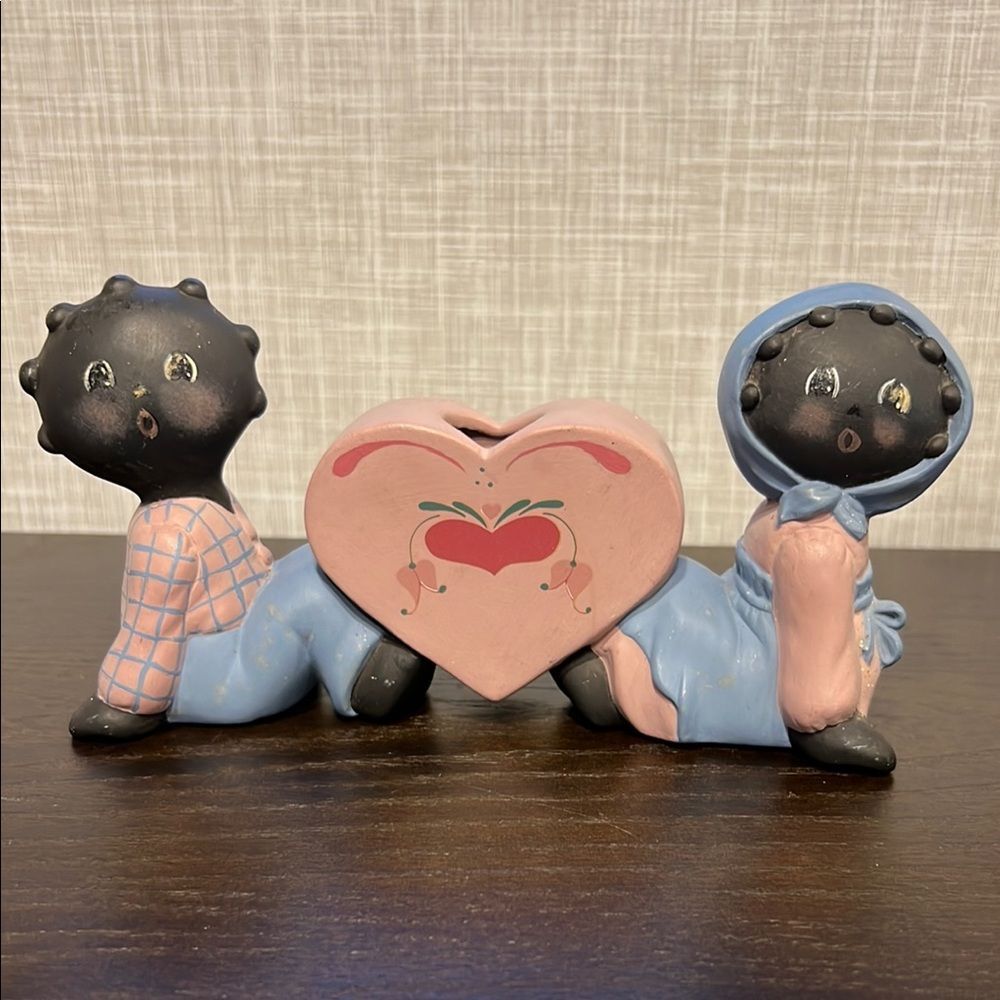 Vintage Black Americana Boy & Girl Heart Figurine Mid Century Kitsch Retro 1950s